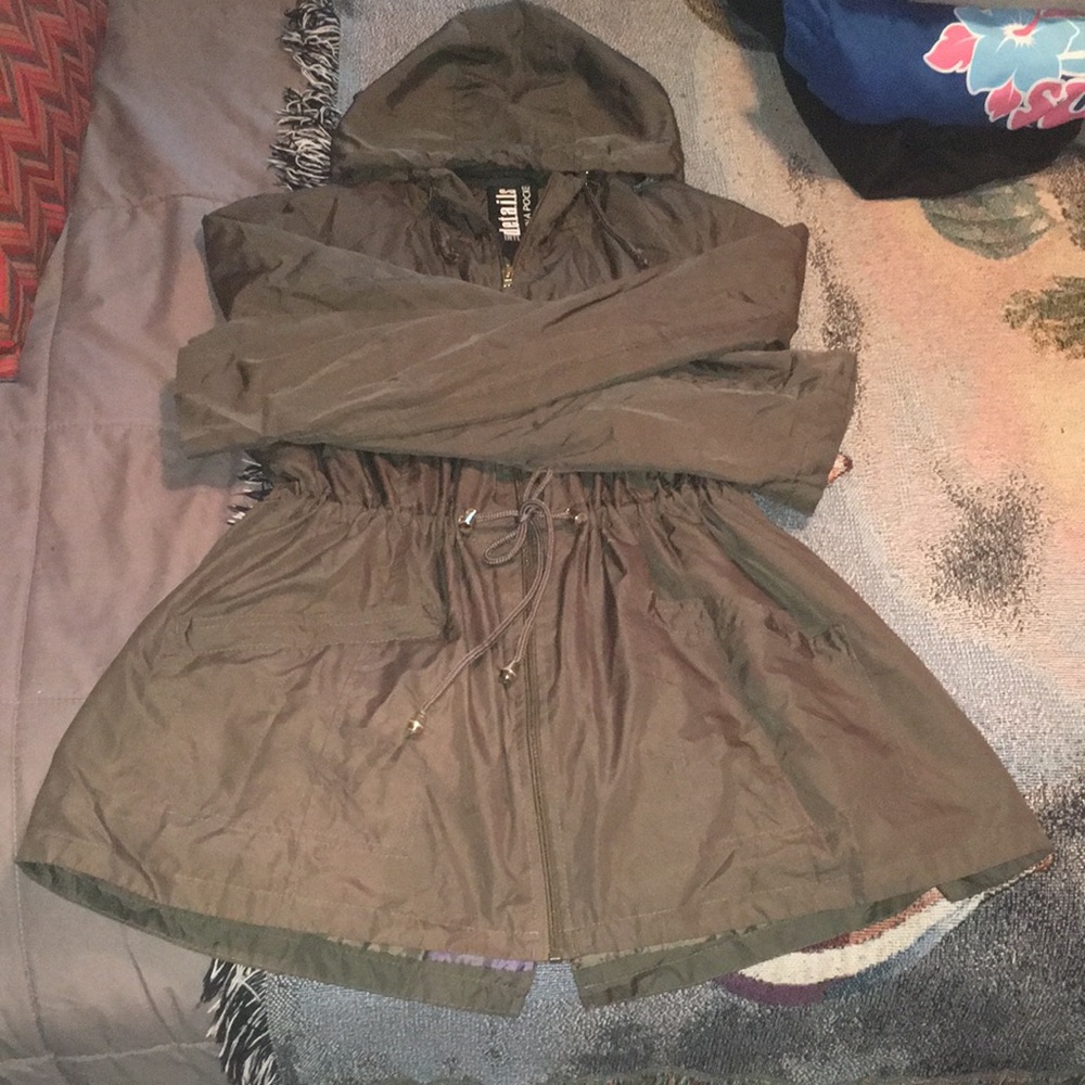 Womens Hooded Anorak Jacket in Olive Green with waist band tie.